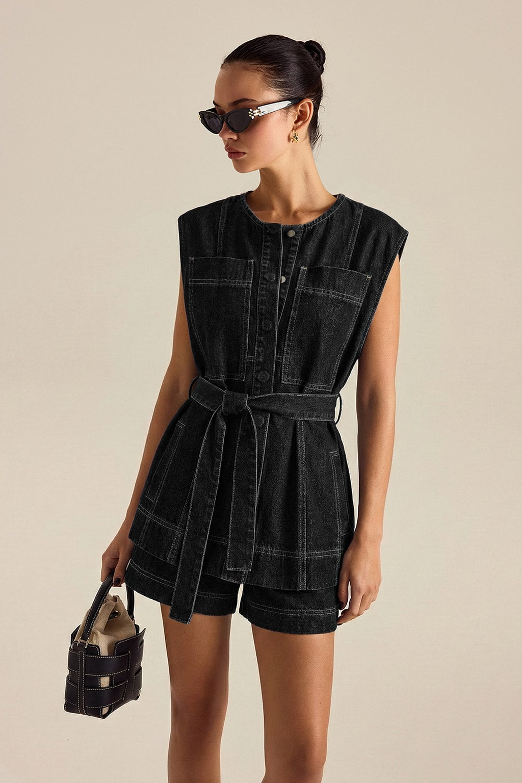 Denim Belted Vest And Shorts Set - 7