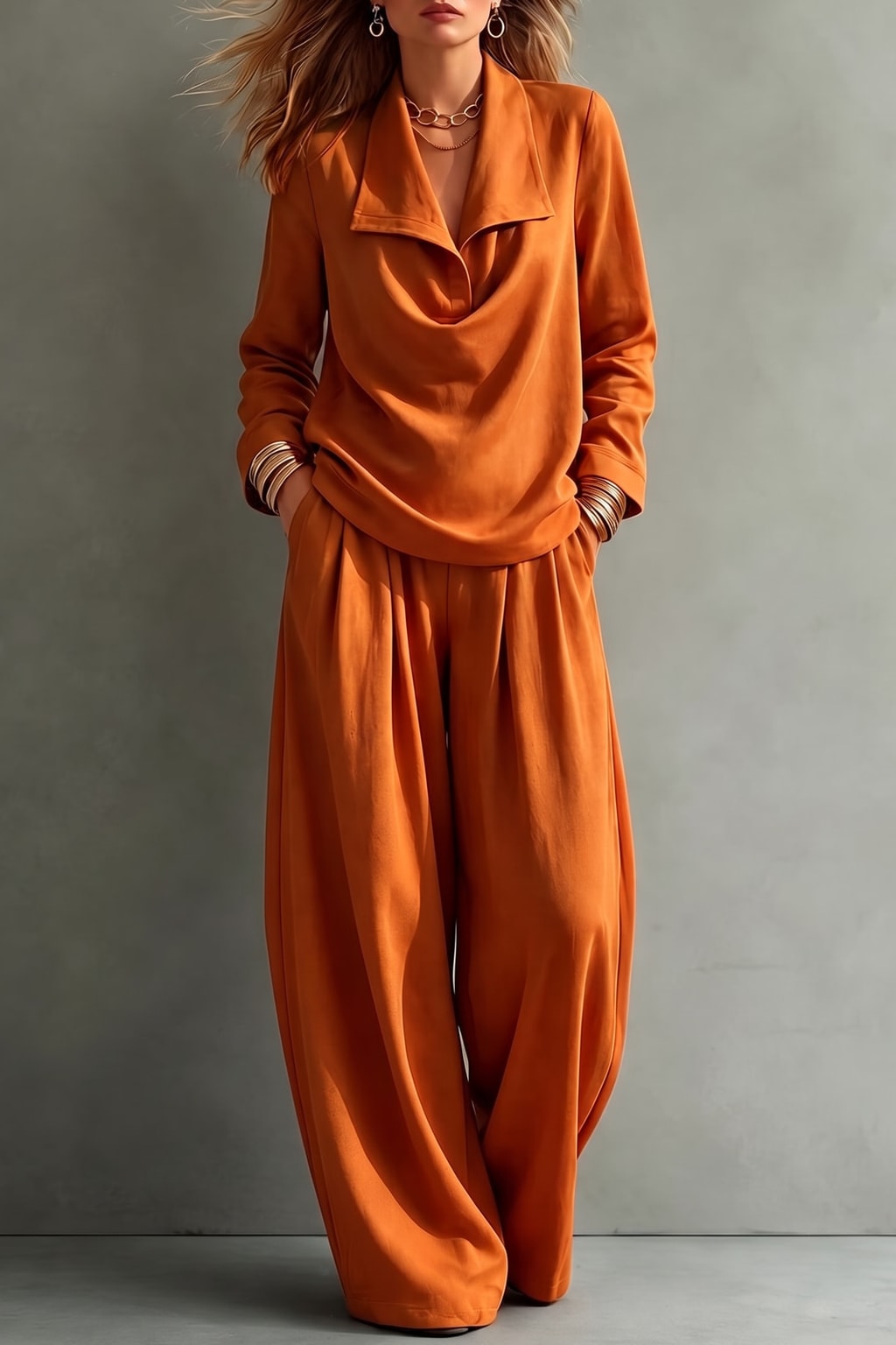 Effortless Polyester Lapel Blouse and Wide-Leg Trouser Two-Piece Set - 8