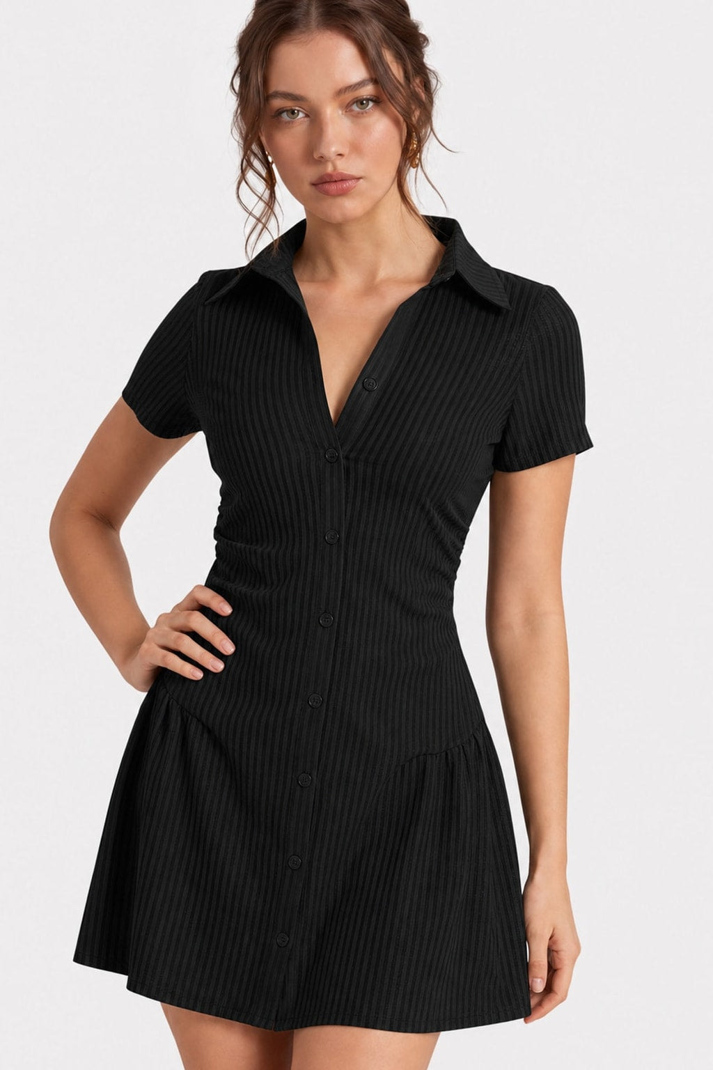 Polyester Striped V-Neck Mini Dress - 8