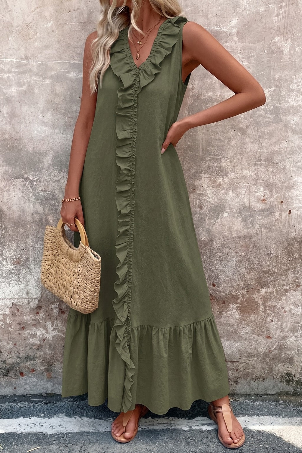 Effortless Cotton V-Neck Maxi Dress With Ruffle Trim - 8