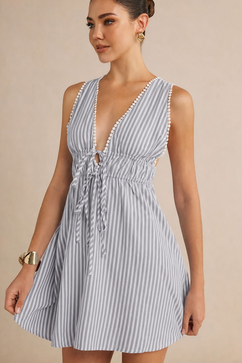 Striped Tie-Front Mini Dress - 8