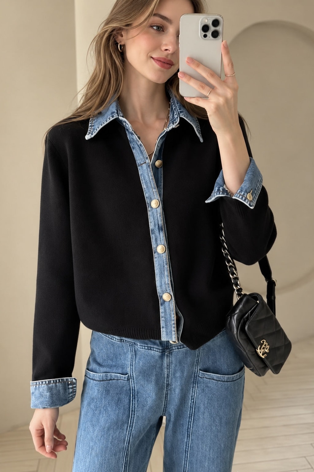 Denim Knit Patchwork Button Cardigan - 6