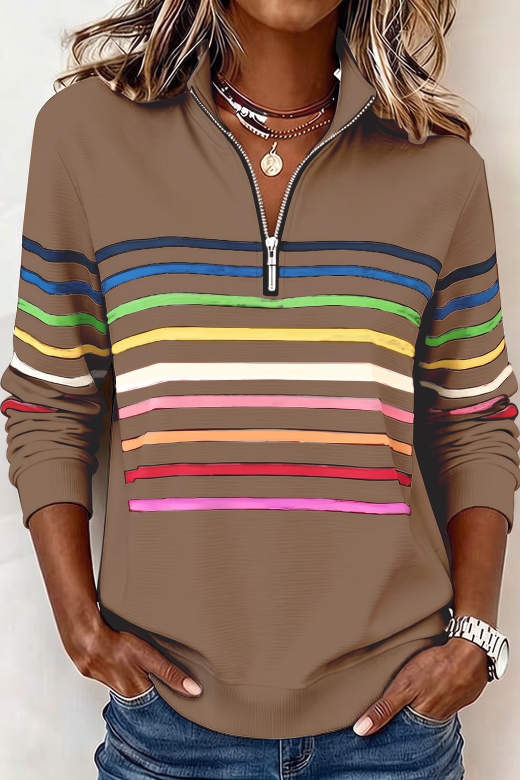 Cozy Knit Quarter-Zip Pullover with Striped Bands - 8