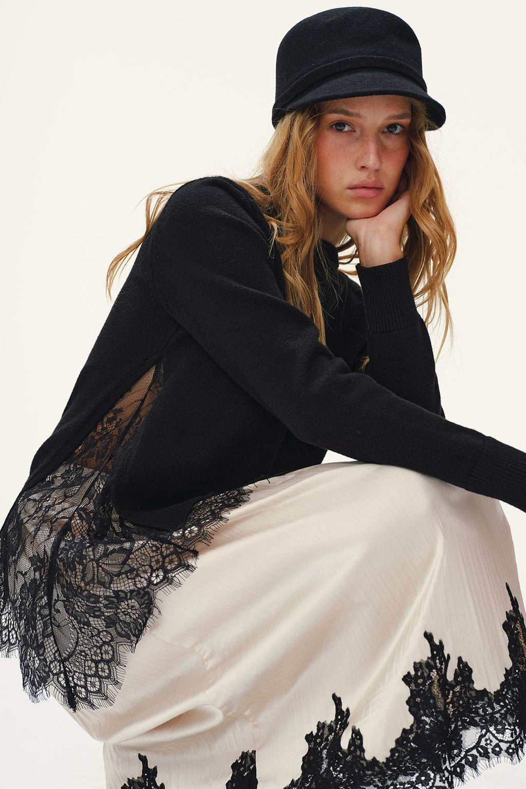 Knit Lace-Panel Sweater With Relaxed Fit - 8