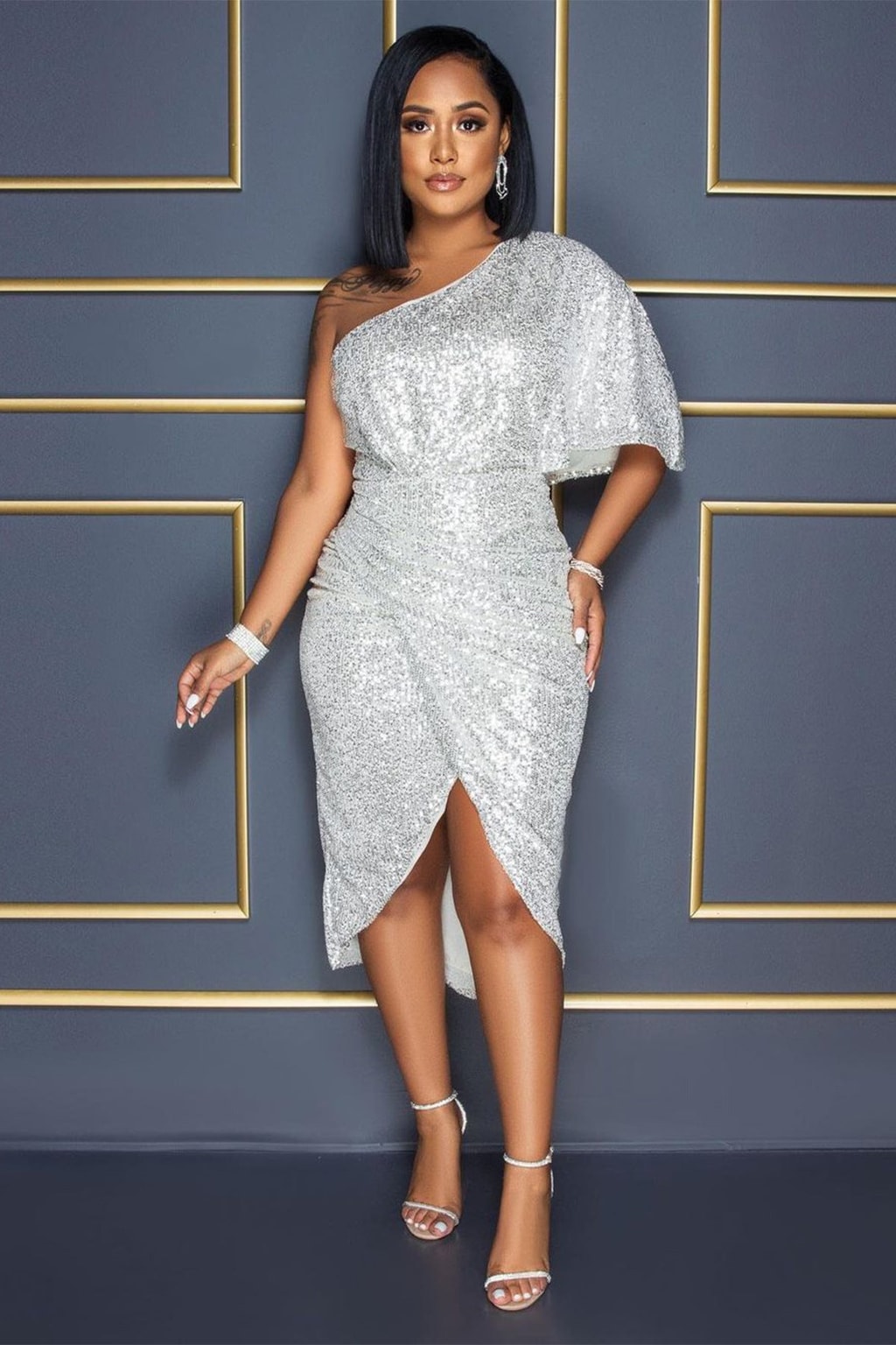 Nylon Sequin Midi Dress With Asymmetric One Shoulder Neckline - 7