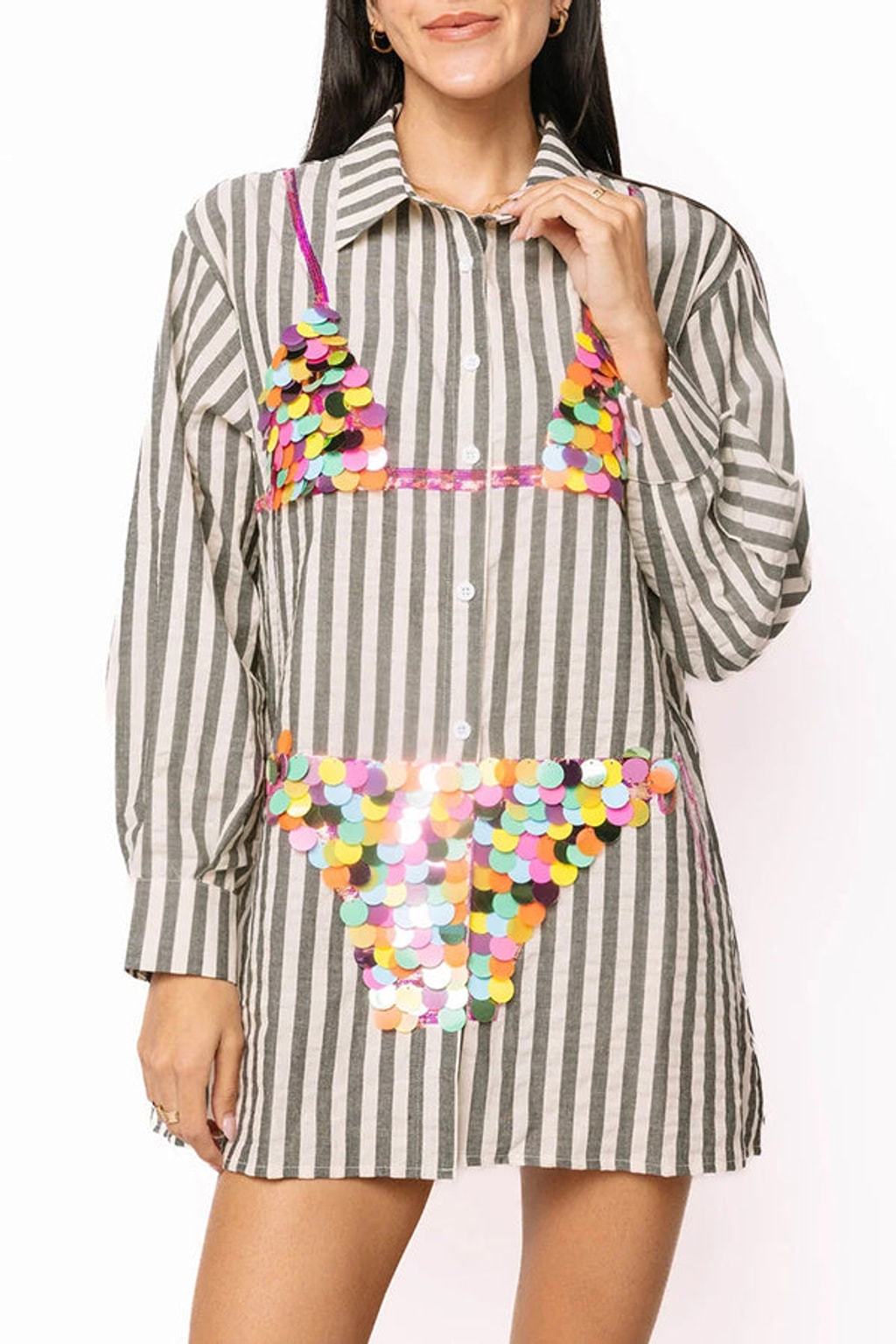 Vacation Vibe Long-Sleeve Button-Up Tunic Striped Print - 8