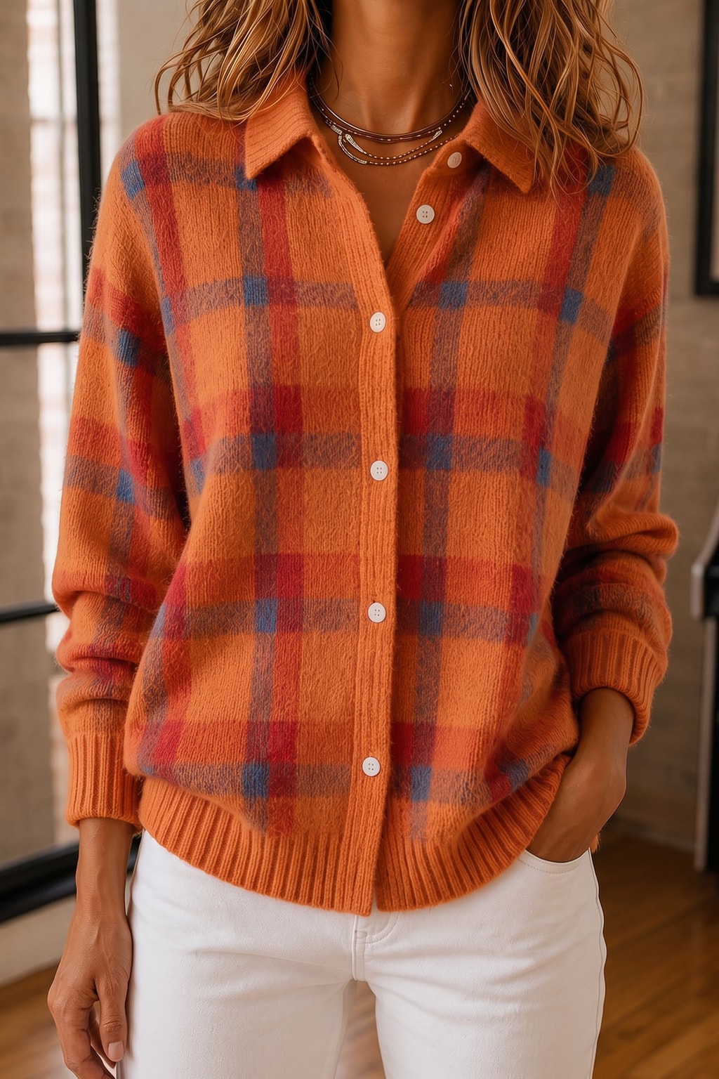 Cozy Textured Plaid Knit Button-Front Sweater - 8