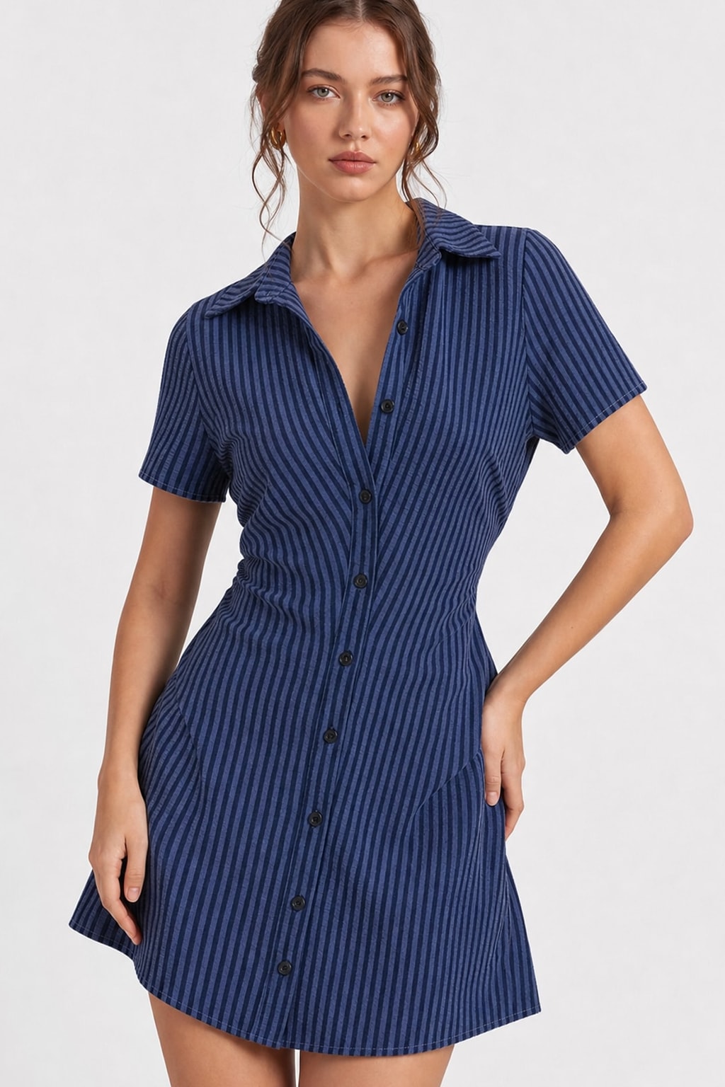 Polyester Striped V-Neck Mini Dress - 9