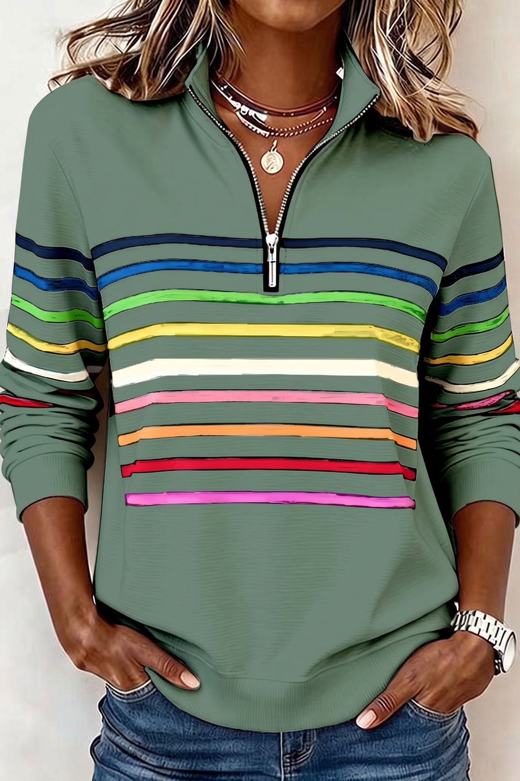 Cozy Knit Quarter-Zip Pullover with Striped Bands - 9