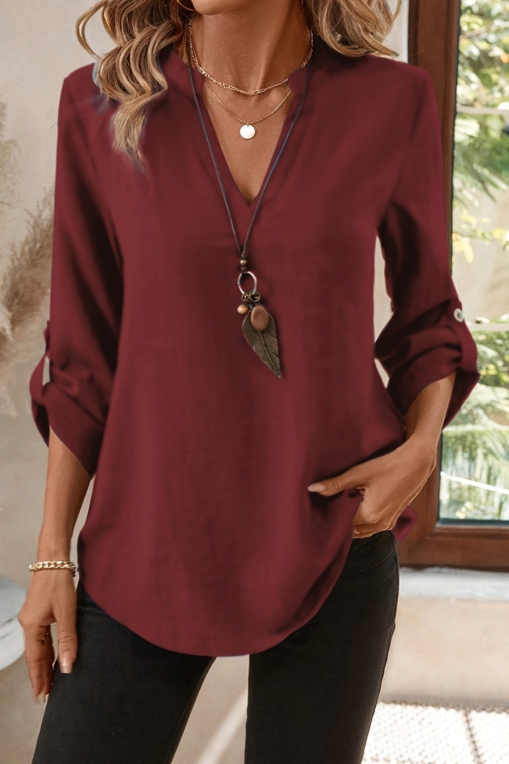 Elegance V-Neck Blouse With Roll-Tab Sleeves - 9