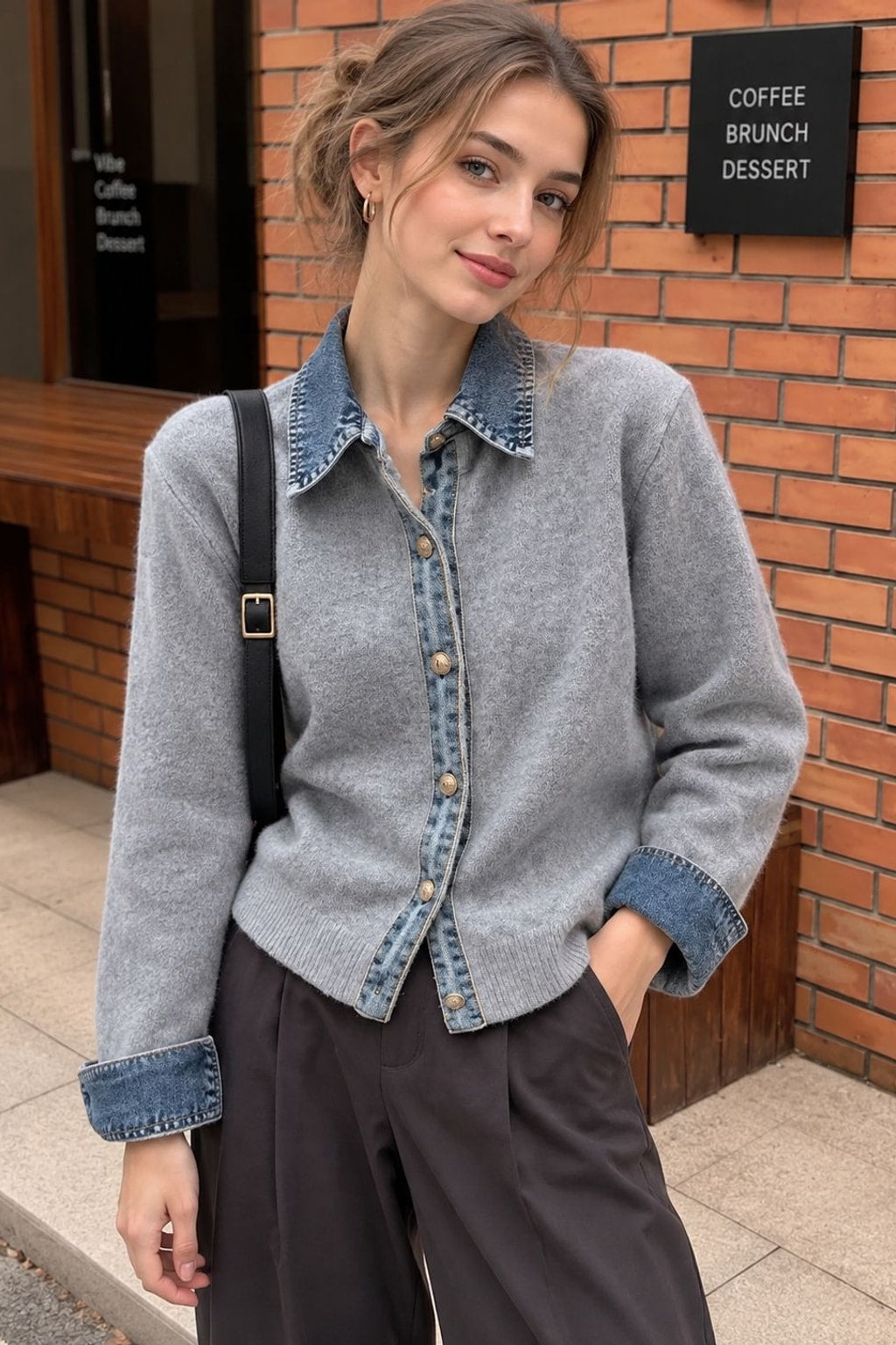 Denim Knit Patchwork Button Cardigan - 7