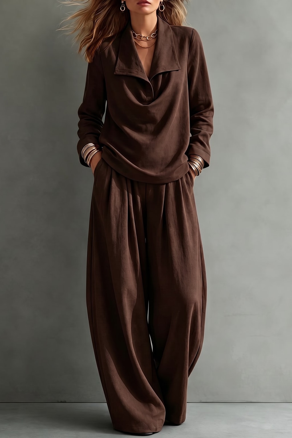 Effortless Polyester Lapel Blouse and Wide-Leg Trouser Two-Piece Set - 9