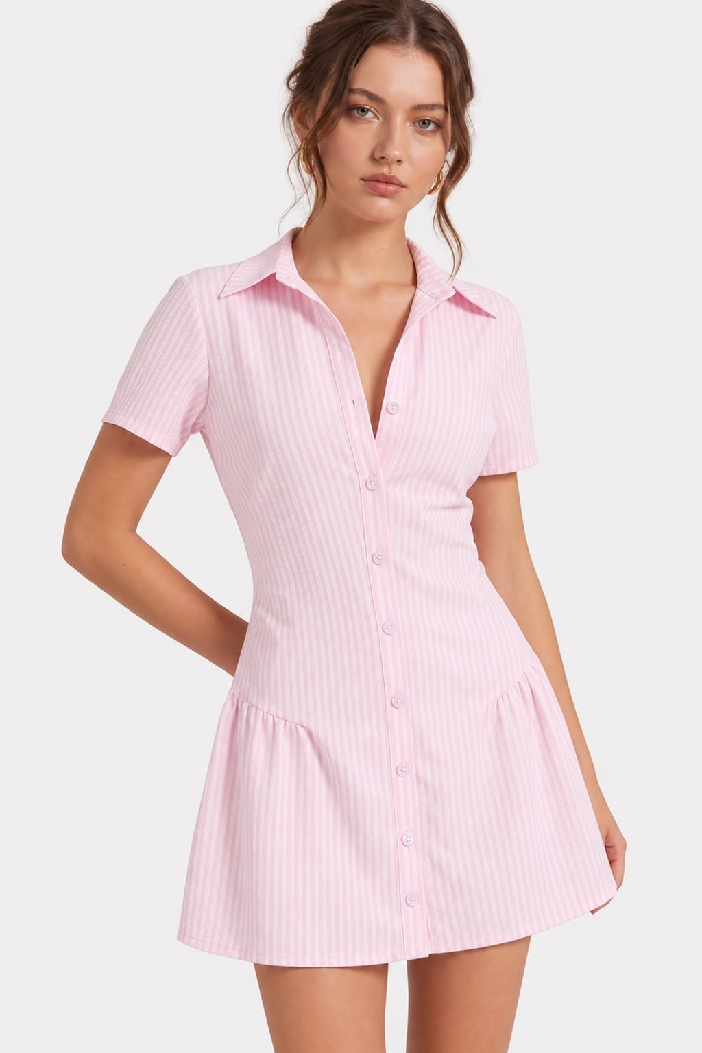 Polyester Striped V-Neck Mini Dress - 10