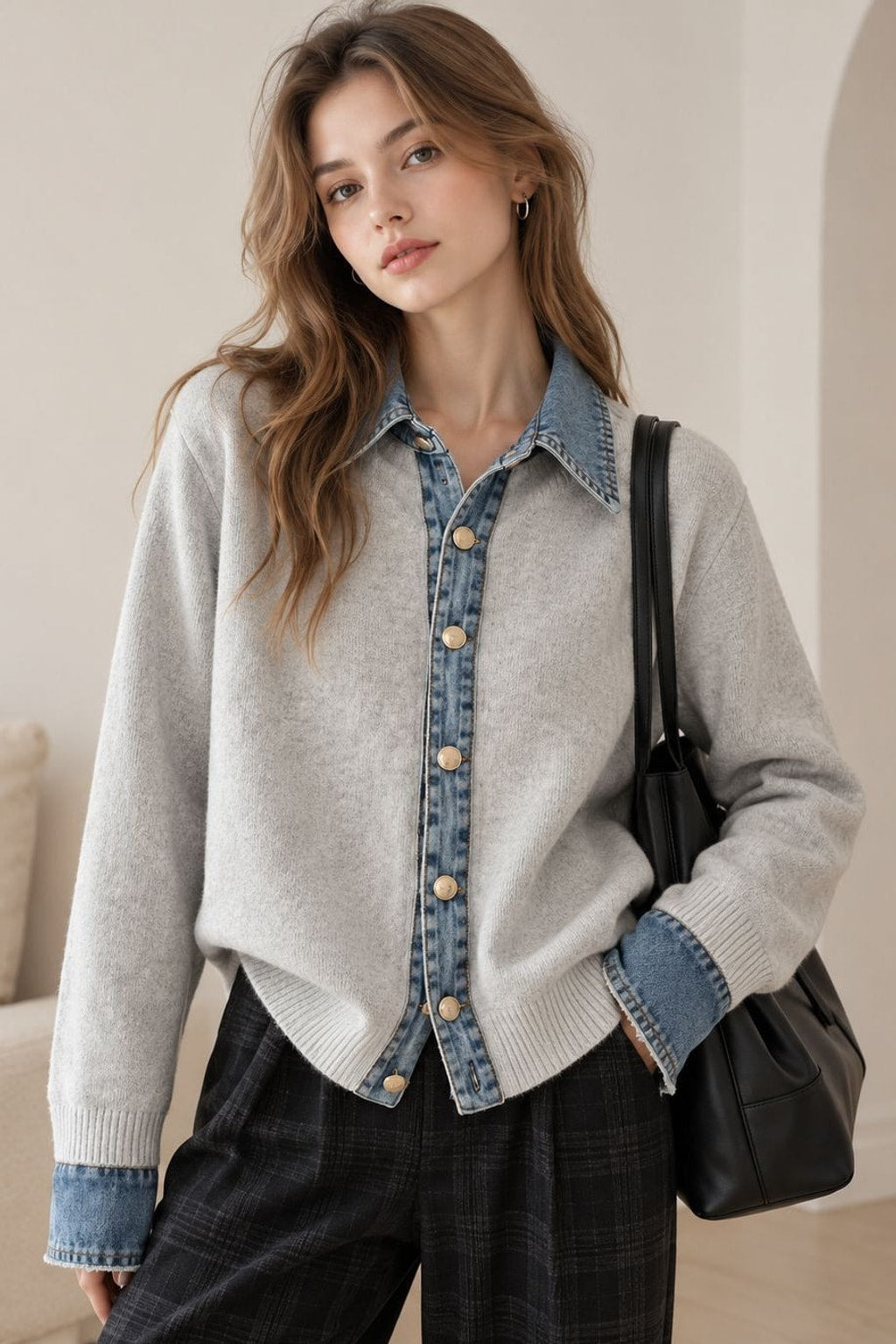 Denim Knit Patchwork Button Cardigan - 8