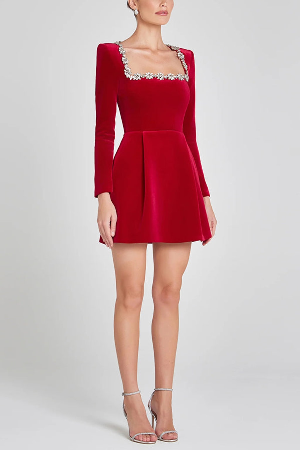 Velvet Long Sleeve Mini Dress With Jeweled Trim - 10