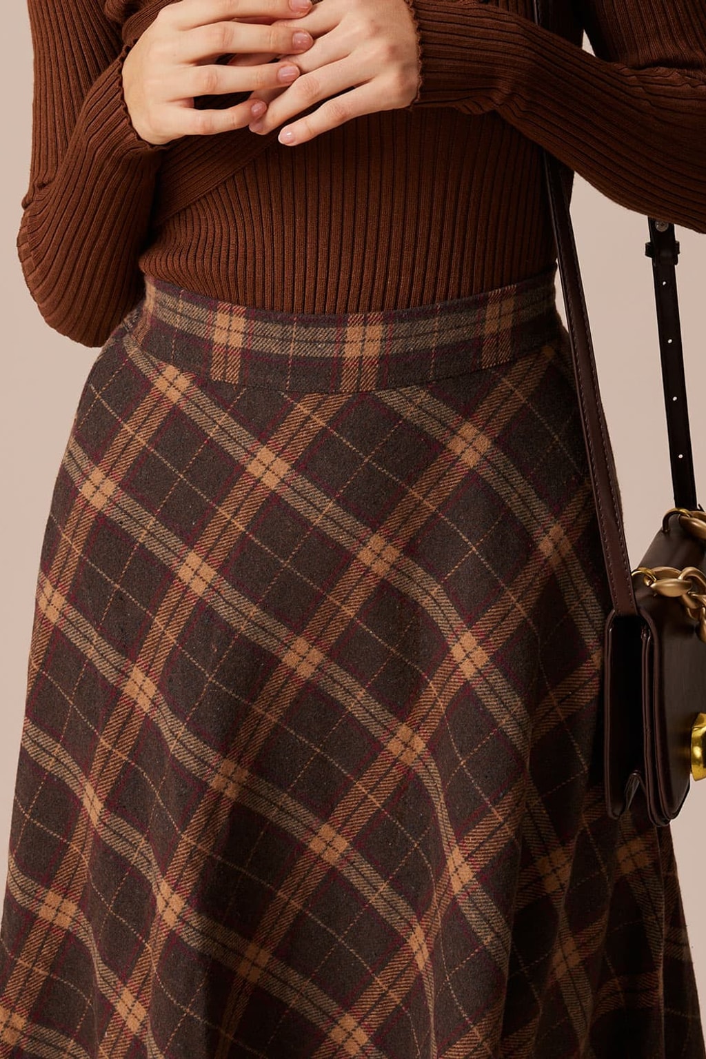 Plaid A-Line Midi Skirt With Elastic High-Waist Comfort Fit - 4