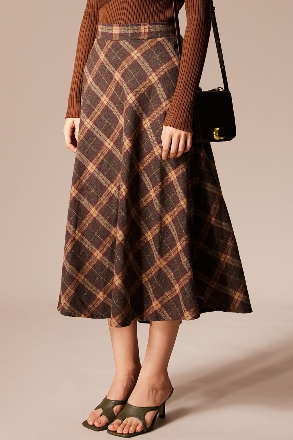 Plaid A-Line Midi Skirt With Elastic High-Waist Comfort Fit - 5