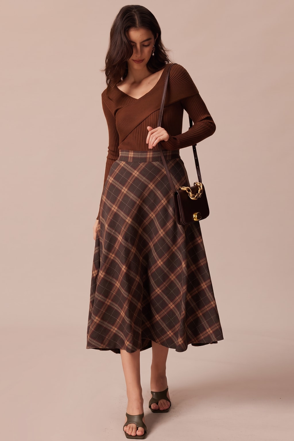 Plaid A-Line Midi Skirt With Elastic High-Waist Comfort Fit - 3