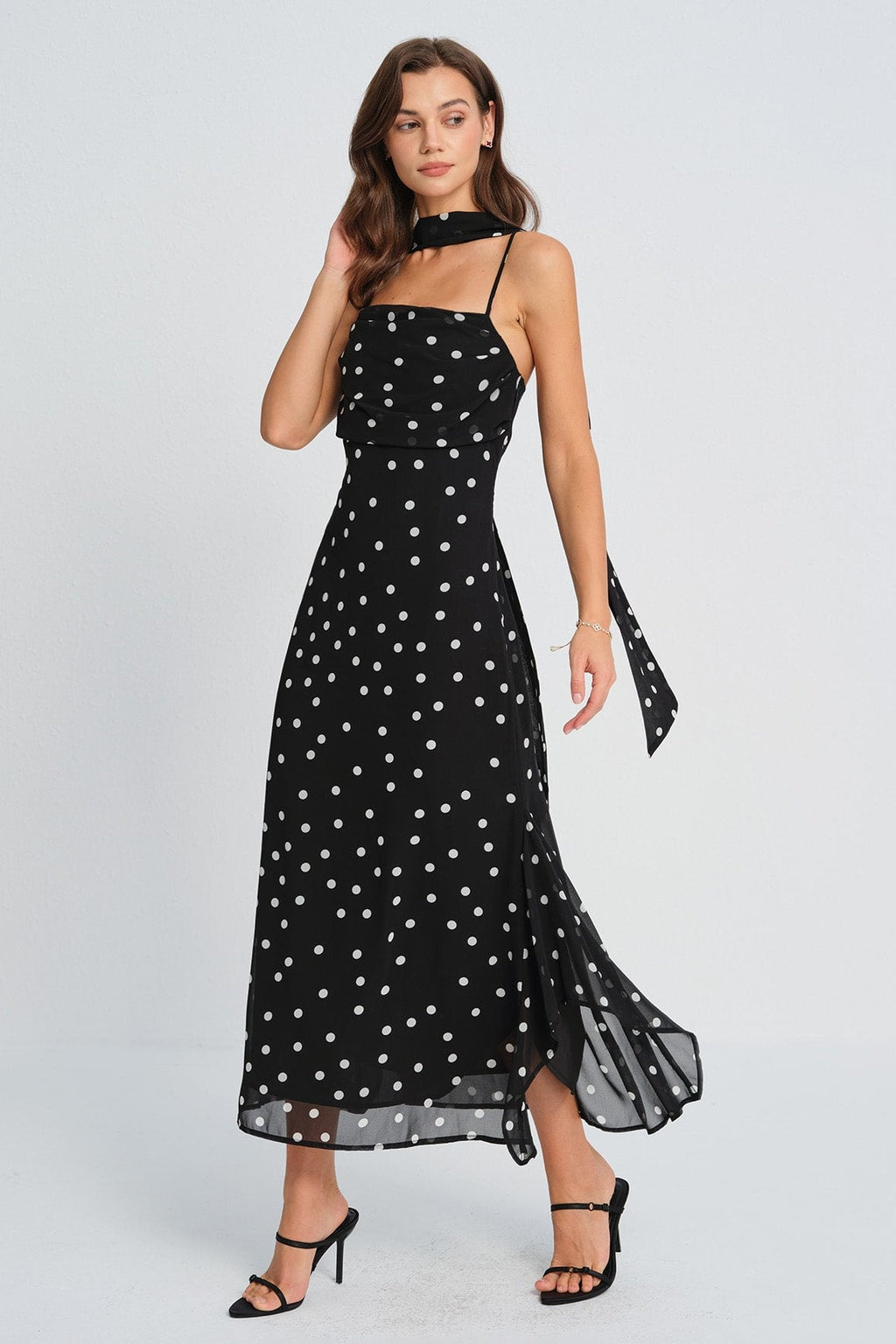 Polka Dot Slip Maxi Dress With Ruched Tie Waist - 2