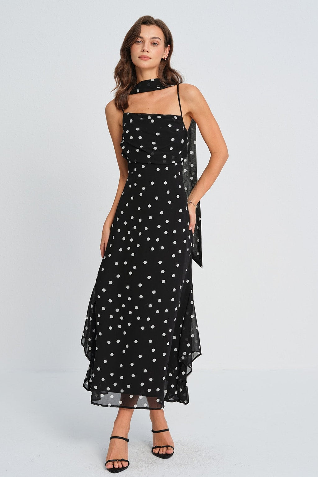 Polka Dot Slip Maxi Dress With Ruched Tie Waist - 4