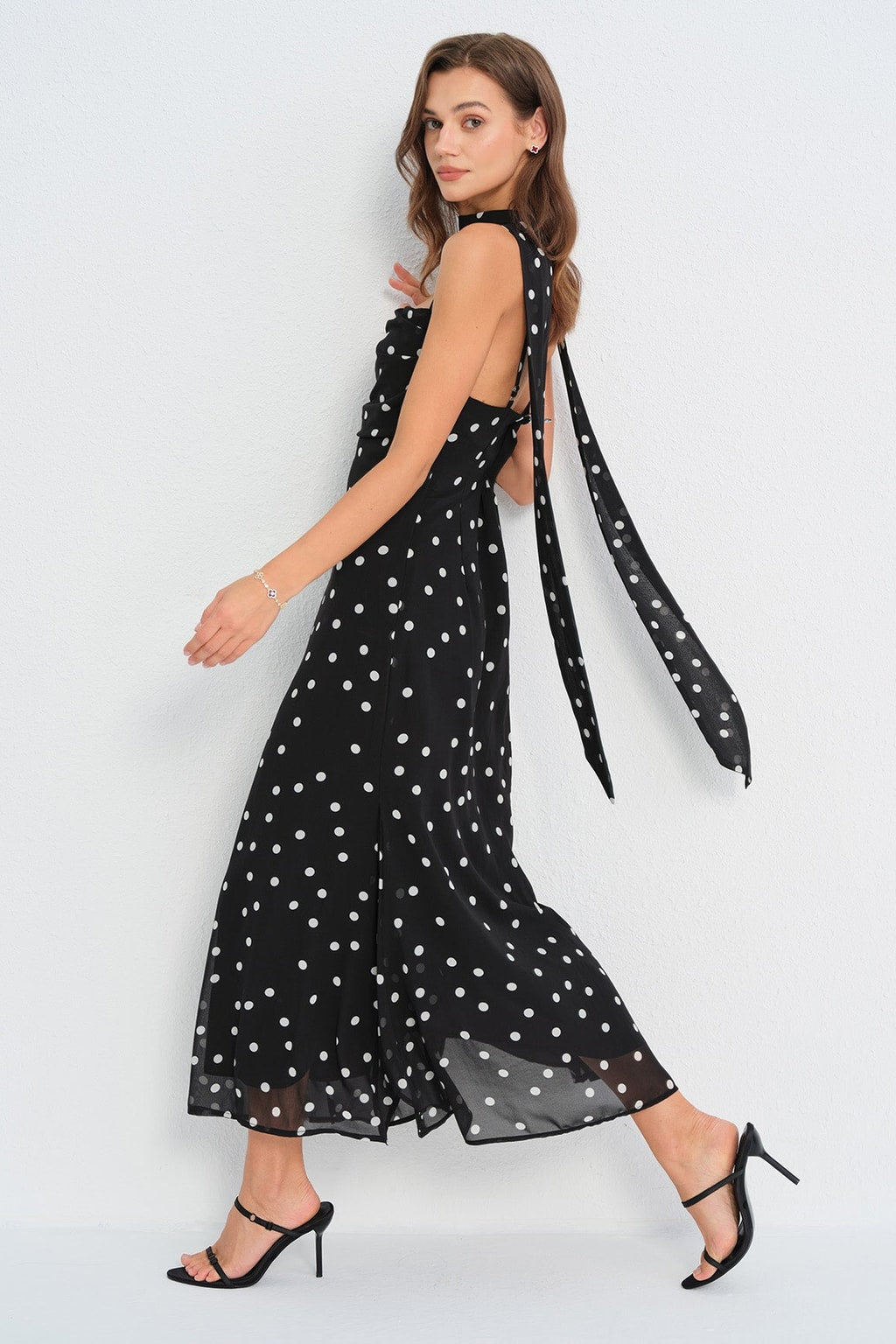 Polka Dot Slip Maxi Dress With Ruched Tie Waist - 5