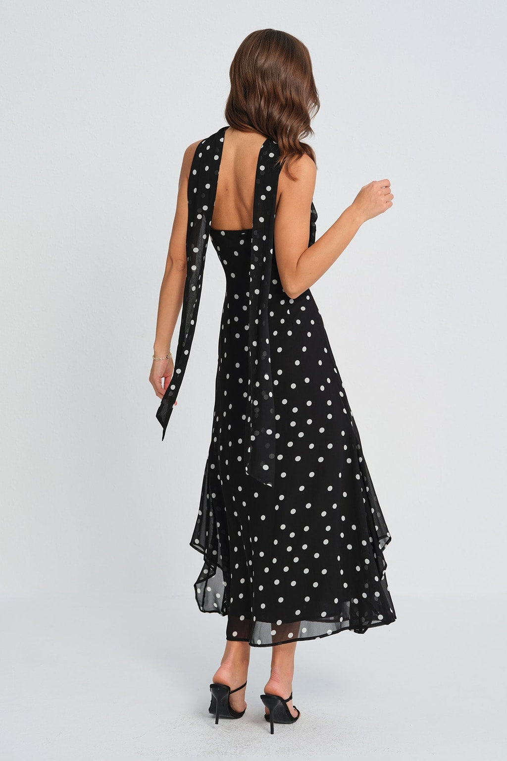 Polka Dot Slip Maxi Dress With Ruched Tie Waist - 3