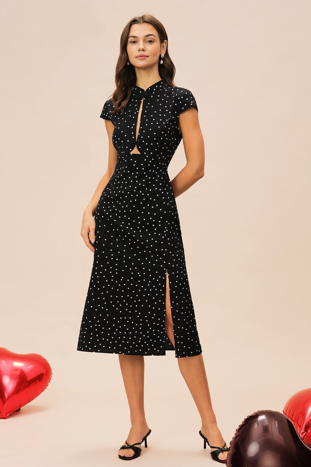 Polka Dot Midi Dress With Mandarin Collar And Cap Sleeves - 6