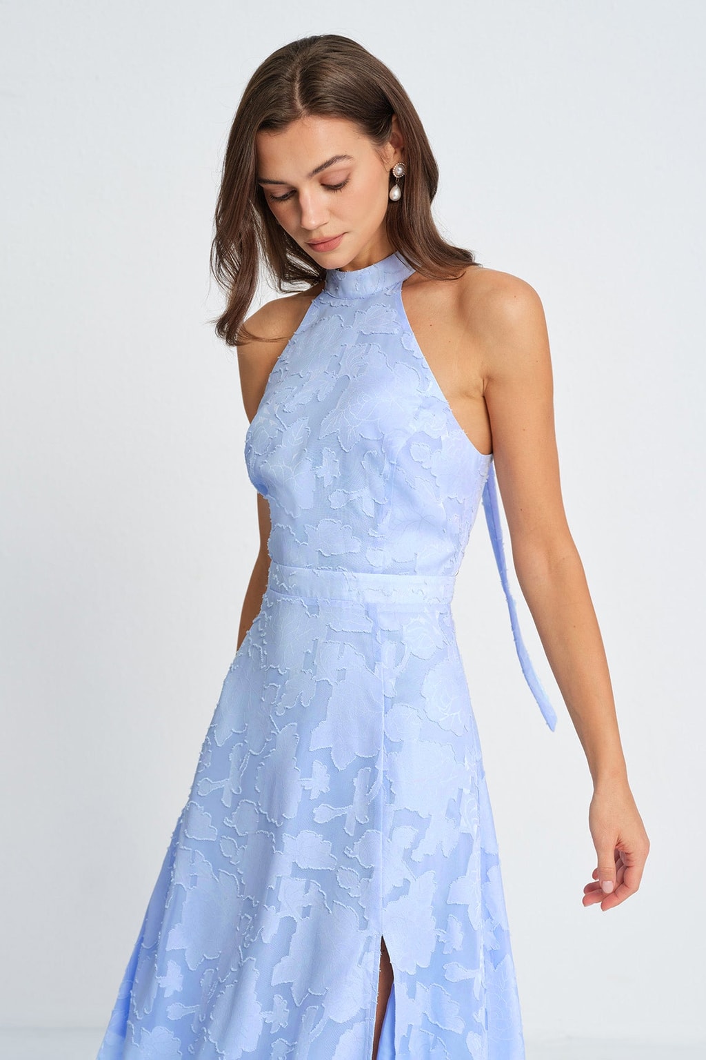 Blue Floral Jacquard Maxi Dress with Mock Neck & Open Back - 4