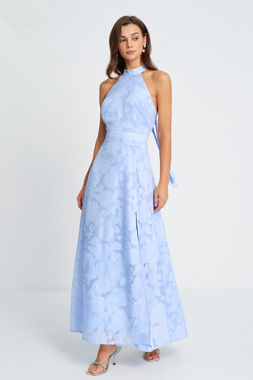 Blue Floral Jacquard Maxi Dress with Mock Neck & Open Back - 2