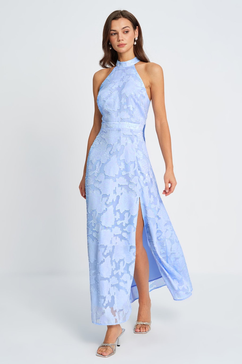 Blue Floral Jacquard Maxi Dress with Mock Neck & Open Back - 5