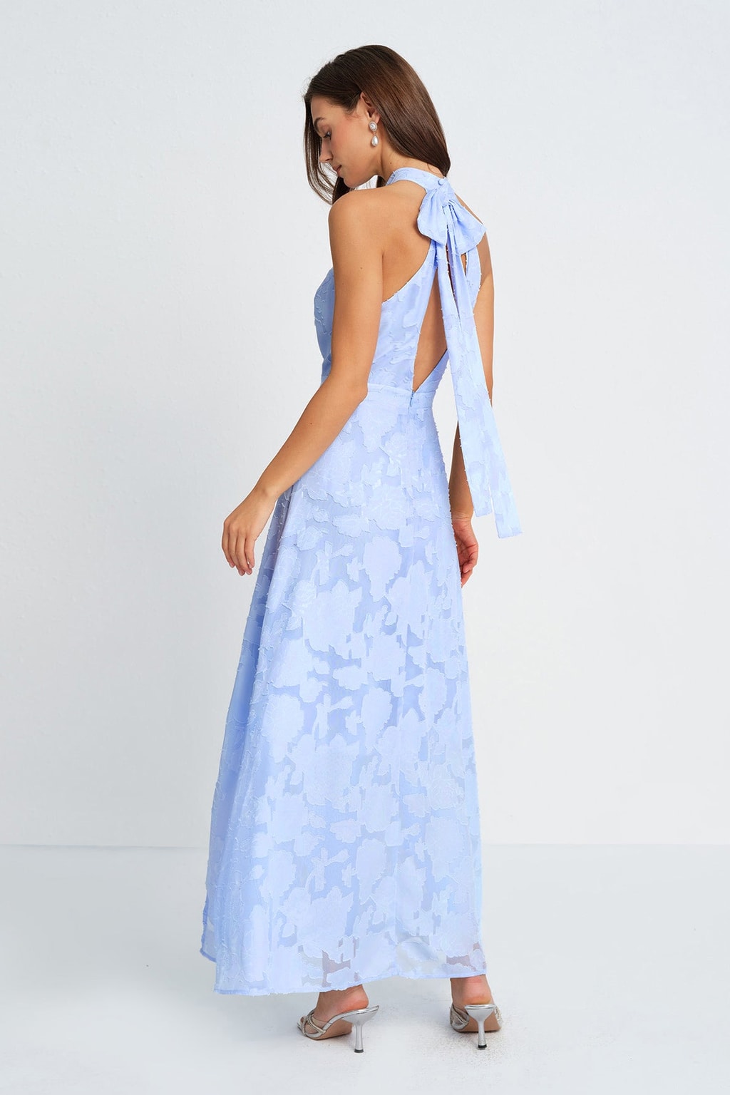 Blue Floral Jacquard Maxi Dress with Mock Neck & Open Back - 3