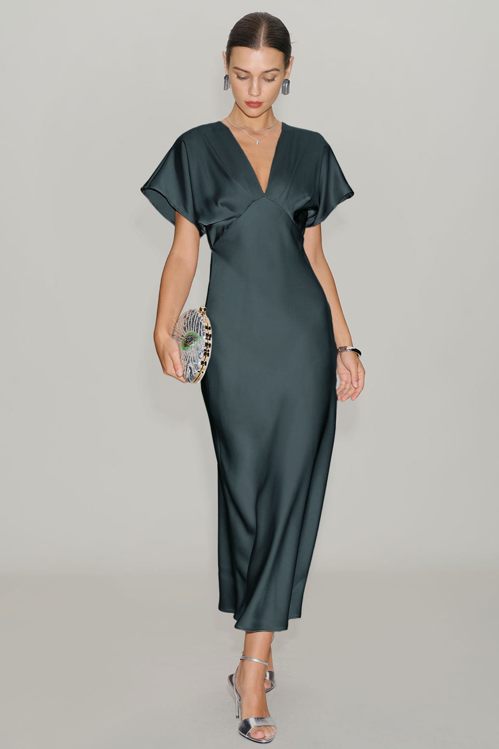 Satin Cowl Sleeve Midi Dress With Flattering V-Neck - 5