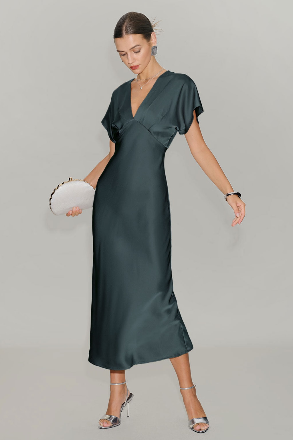 Satin Cowl Sleeve Midi Dress With Flattering V-Neck - 2