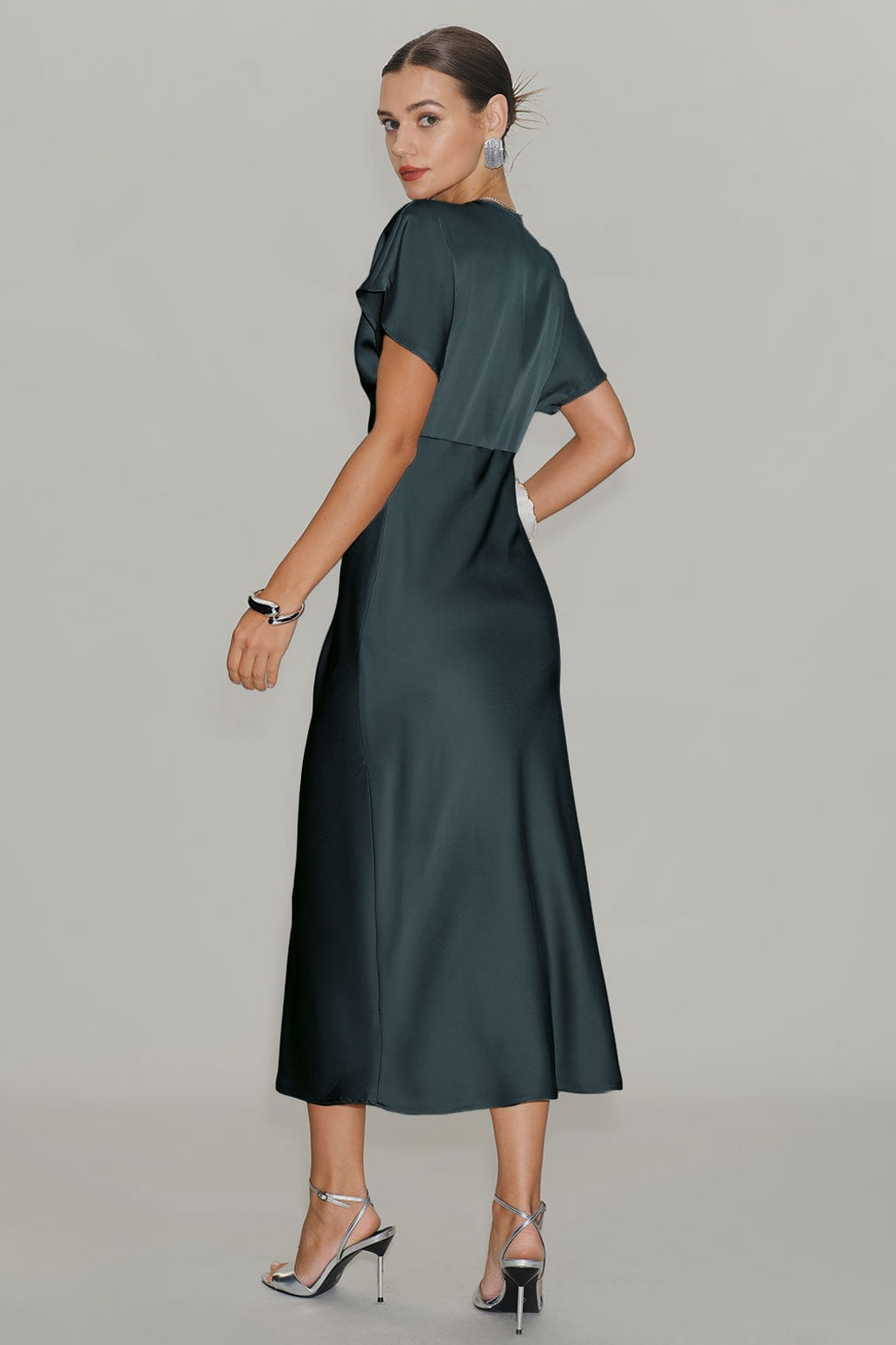 Satin Cowl Sleeve Midi Dress With Flattering V-Neck - 3