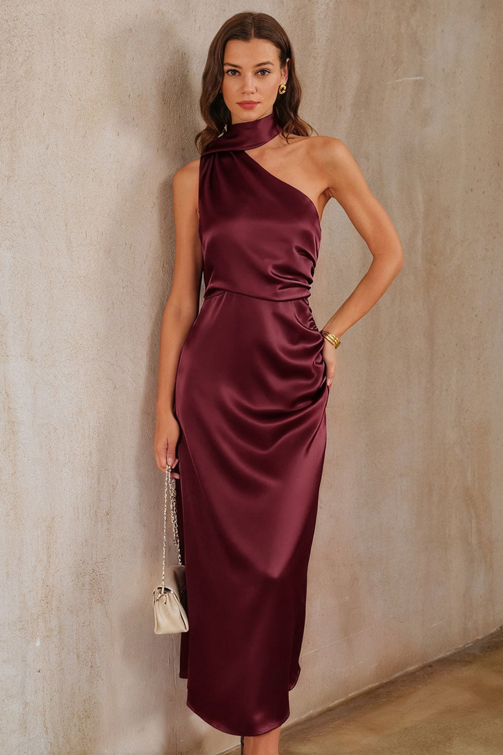 One Shoulder Satin Maxi Dress With Tie Waist - 2