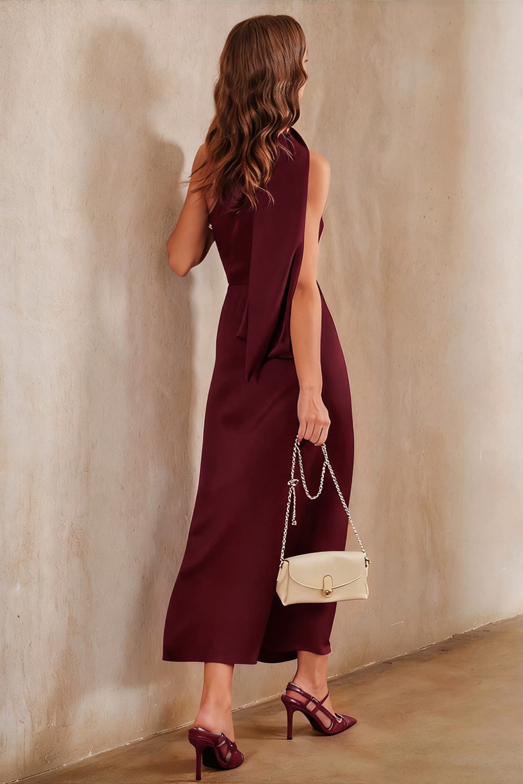 One Shoulder Satin Maxi Dress With Tie Waist - 3