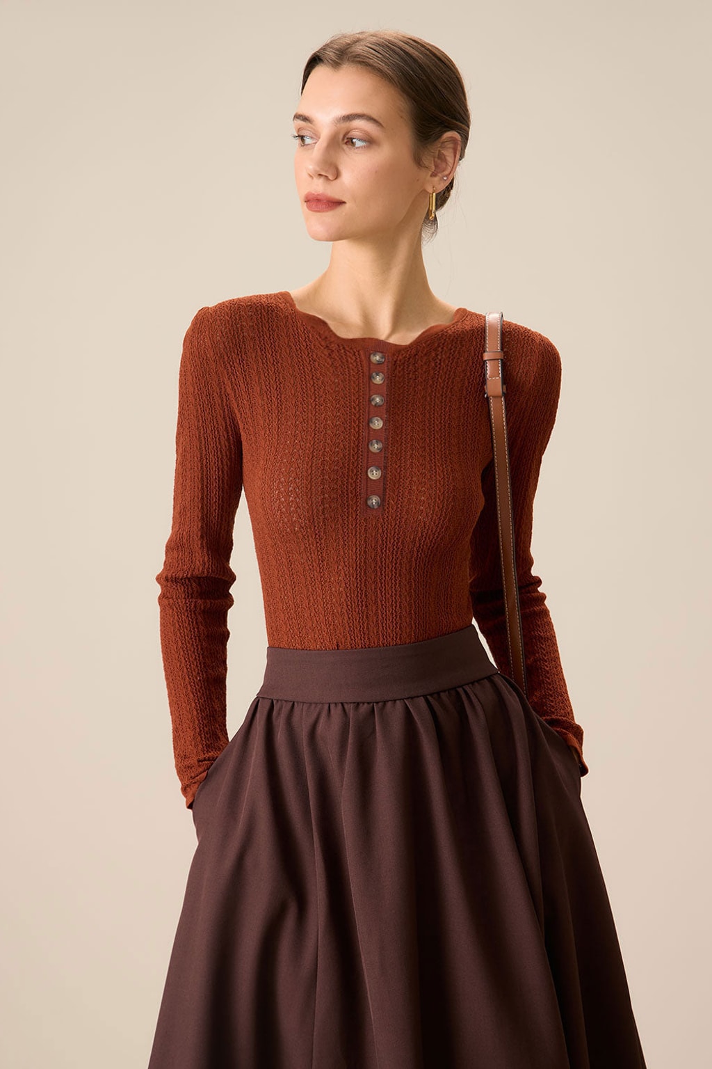 Women's Brown Slim-Fit Round Neck Sweater With Button Trim - 2