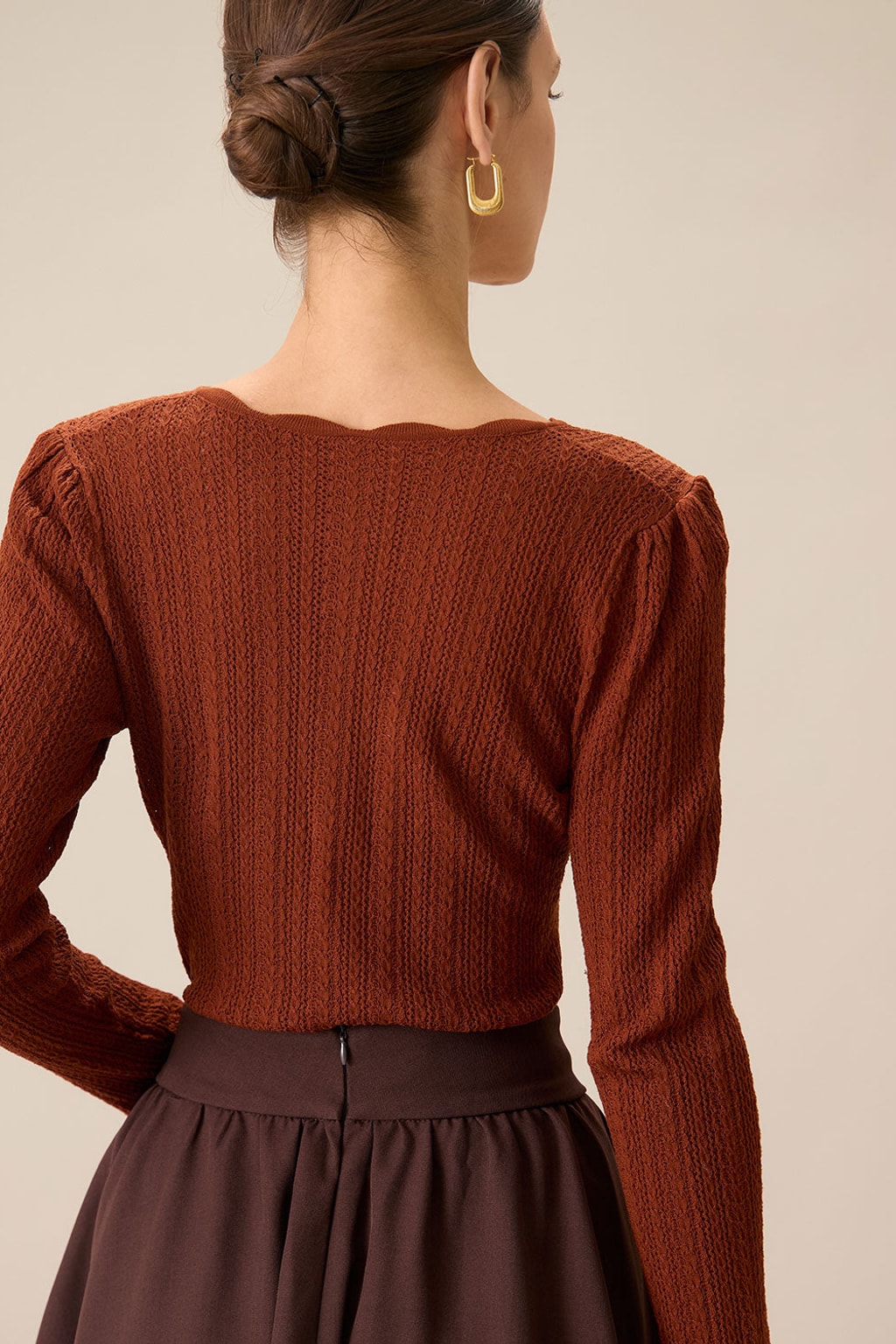 Women's Brown Slim-Fit Round Neck Sweater With Button Trim - 4