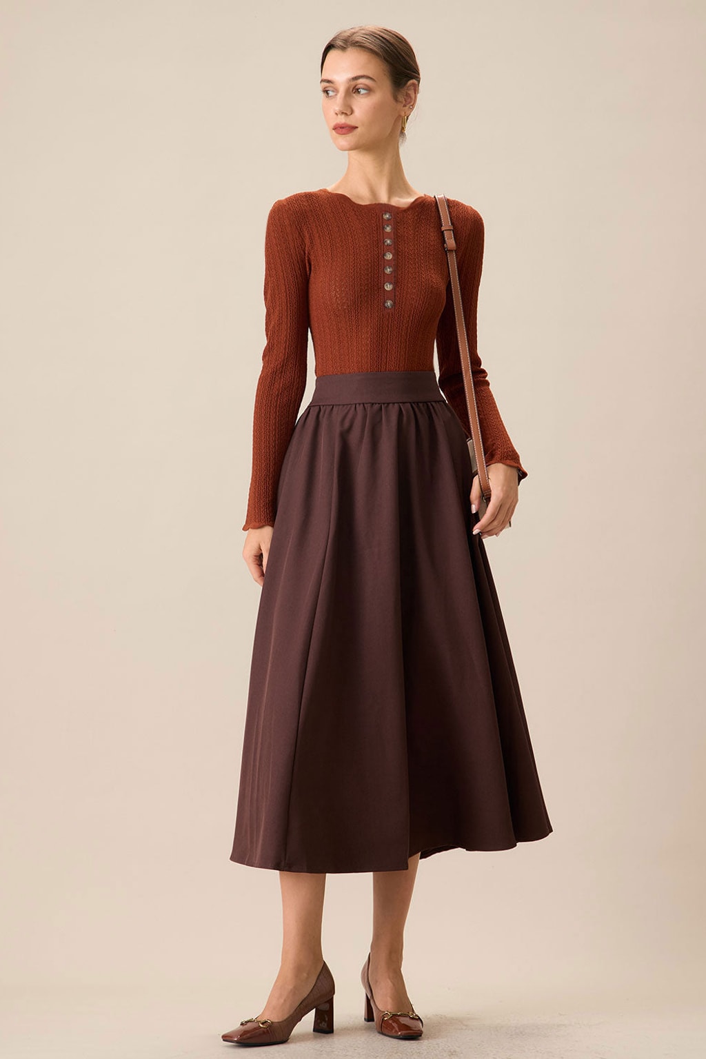 Women's Brown Slim-Fit Round Neck Sweater With Button Trim - 5