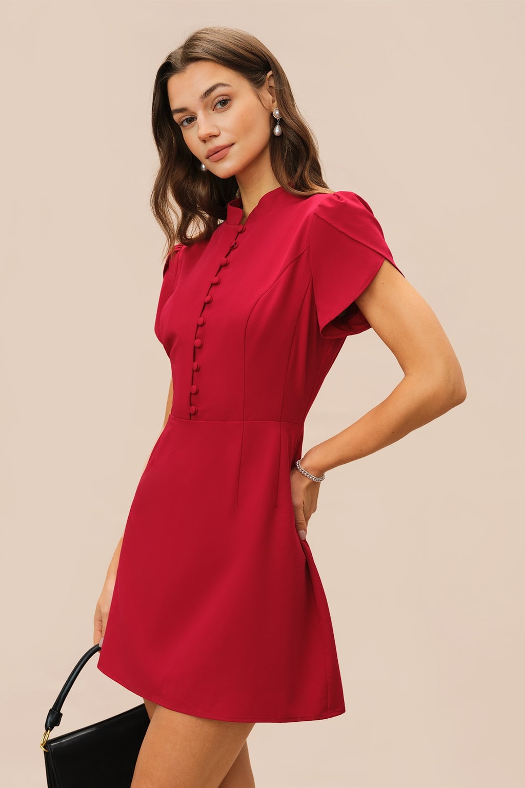 Red Petal Sleeve Mini Dress With Mandarin Collar - 4