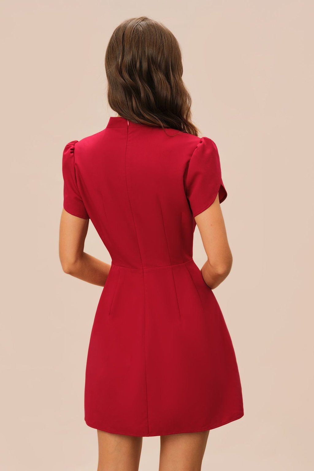 Red Petal Sleeve Mini Dress With Mandarin Collar - 5