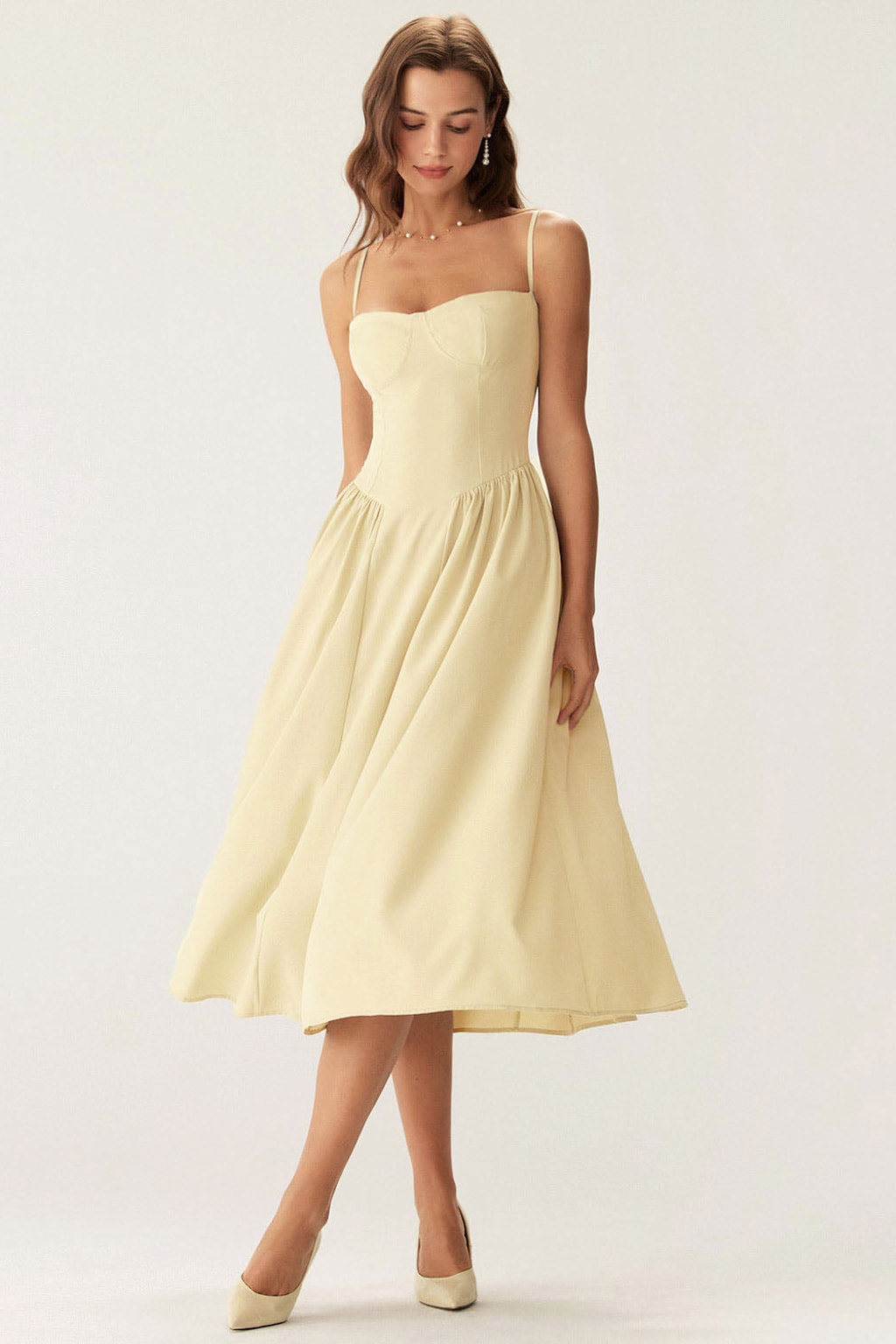 Yellow Square Neck Pocket Midi Dress For Women - 2