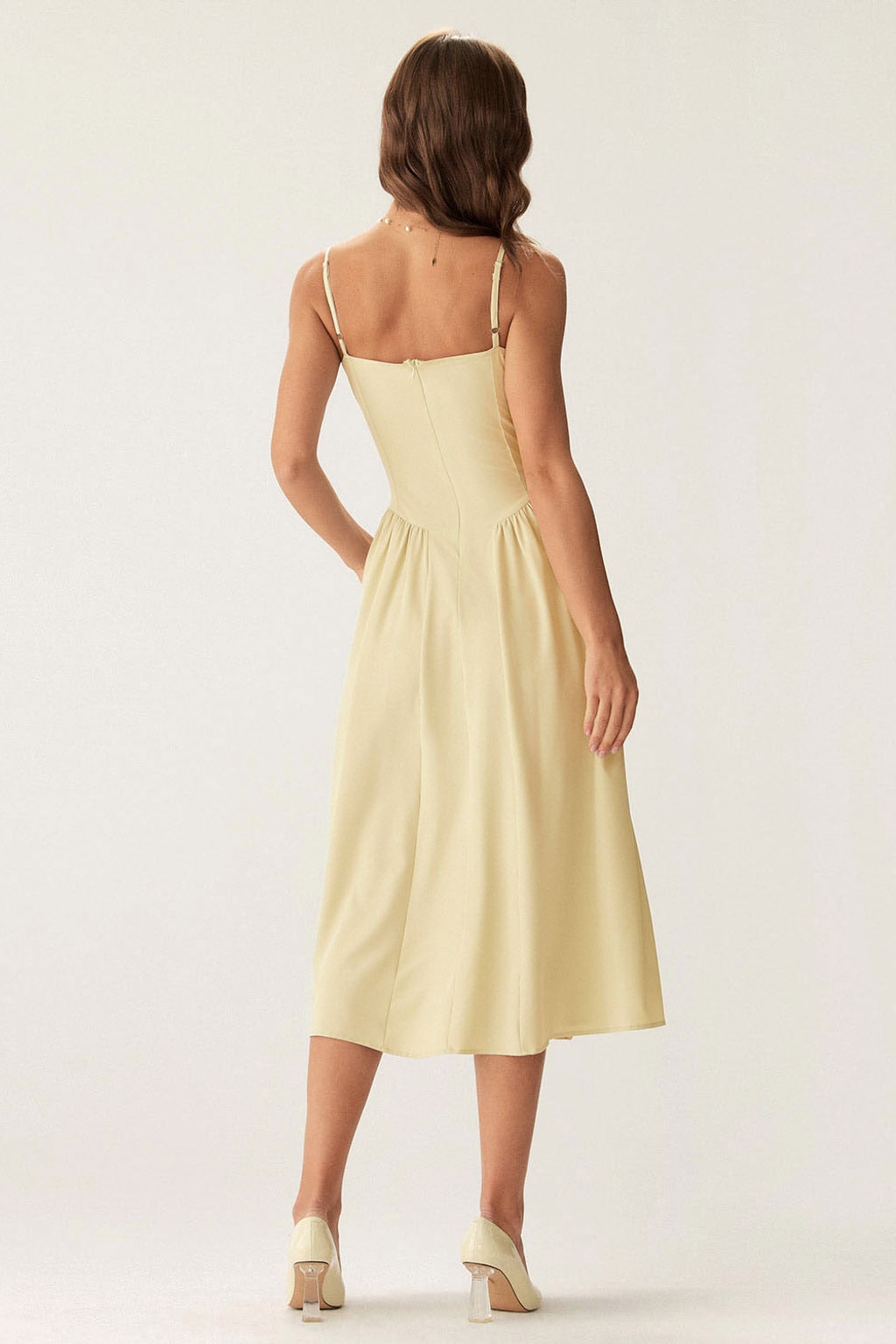 Yellow Square Neck Pocket Midi Dress For Women - 3