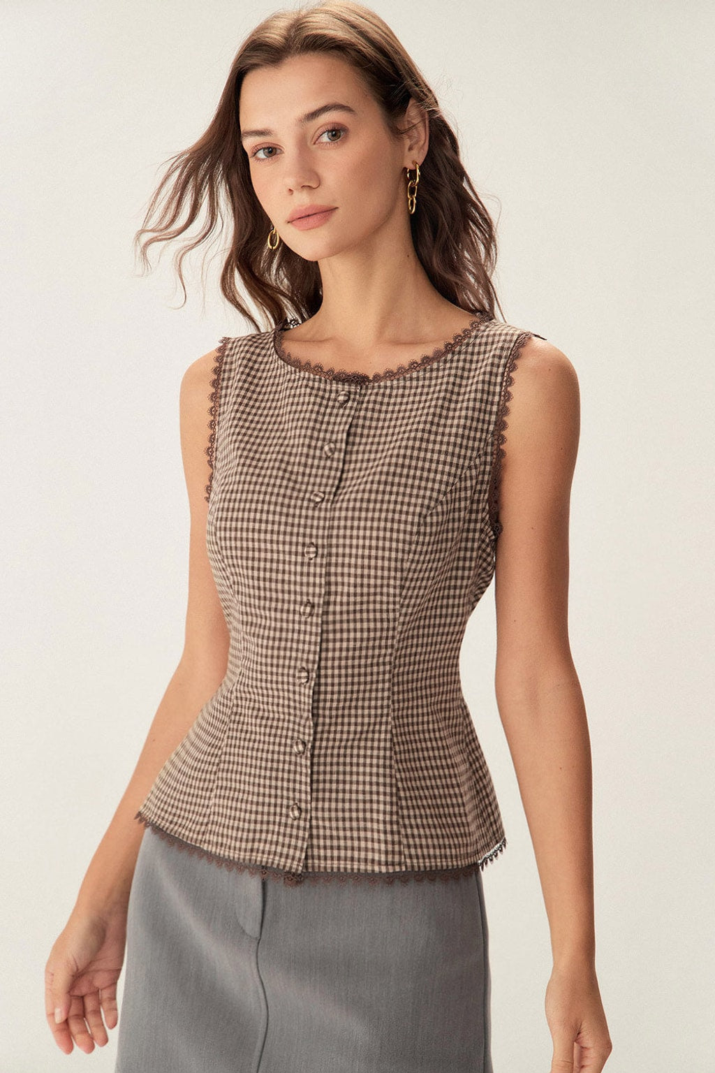 Brown Plaid Cotton Vest - Classic Layering for Work & Casual - 2