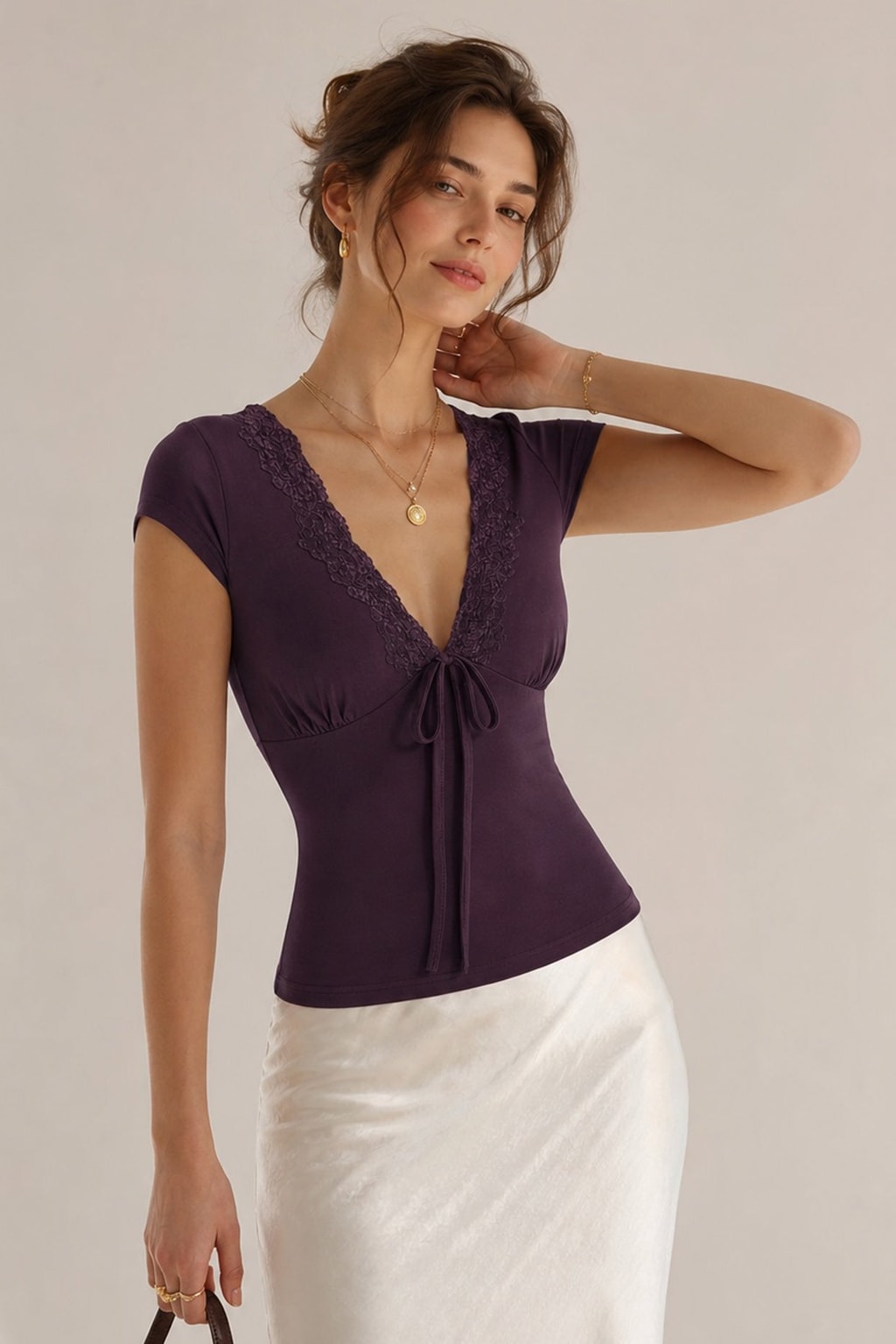 V-Neck Tie-Front Lace Tee With Slim Stretch Fit - 2