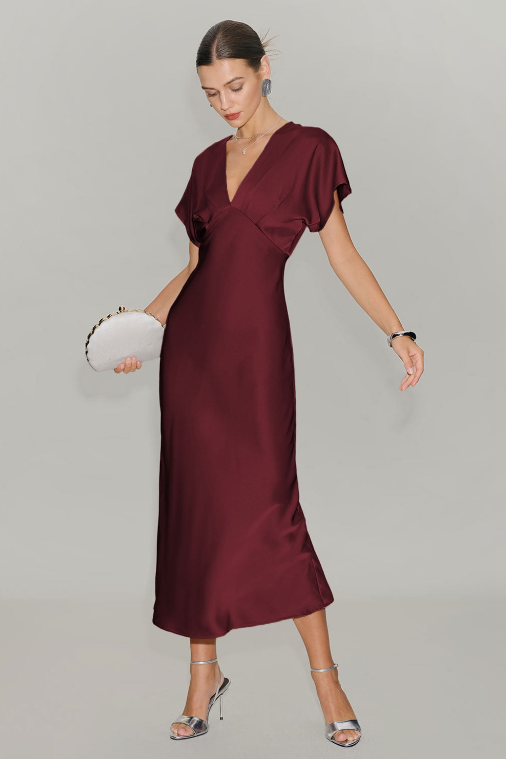Satin Midi Dress With Cowl Neckline Wine Red A-Line - 2