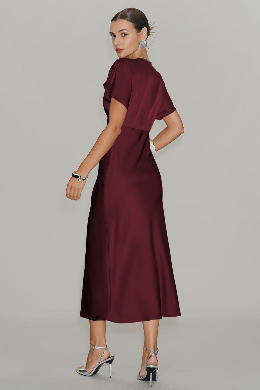 Satin Midi Dress With Cowl Neckline Wine Red A-Line - 4