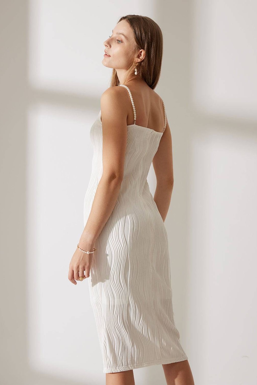 Textured Cami Midi Dress With Pearl-Detail Straps - 4
