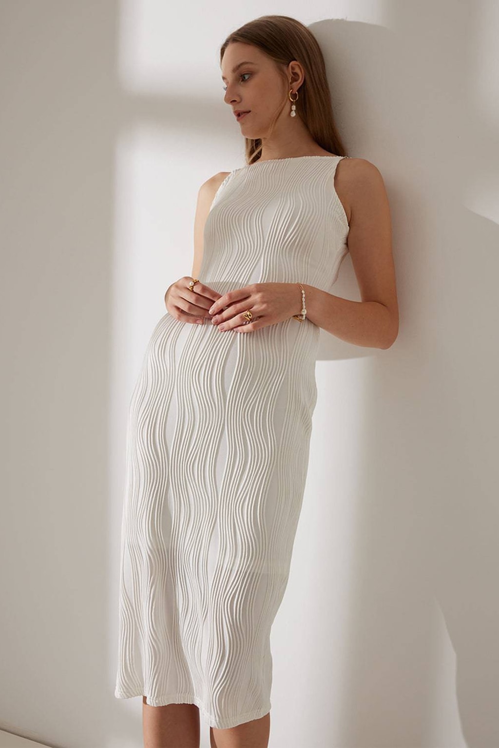 Textured Cami Midi Dress With Pearl-Detail Straps - 2