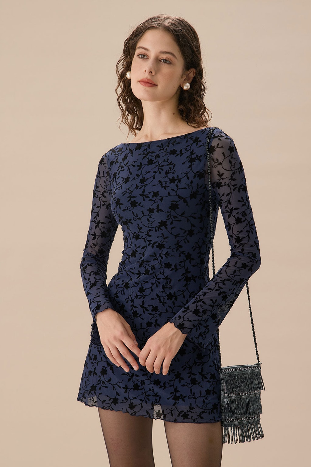 Blue Long Sleeve Mini Dress With Sheer Mesh Detail - 3
